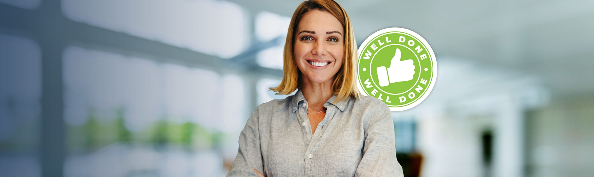 Young blonde woman with Well Done Icon