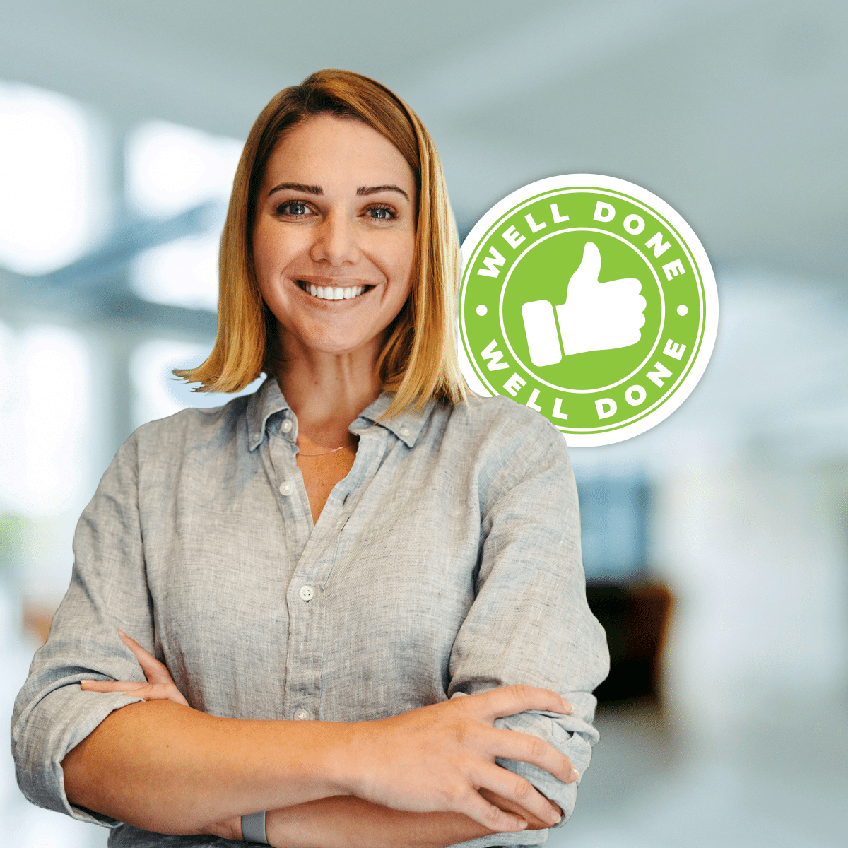 Young blonde woman with Well Done Icon