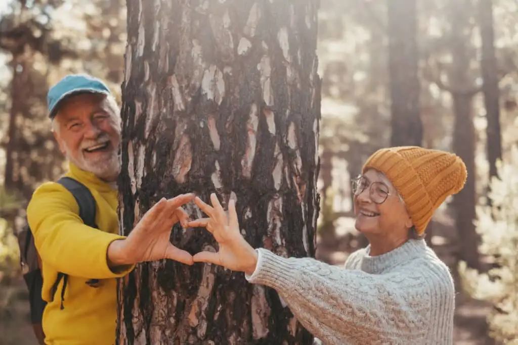 Head shot portrait close up of cute couple of old seniors middle age people making heart shape around big tree loving and taking care of nature concept lifestyle. Two pensioners persons enjoying outdoors.